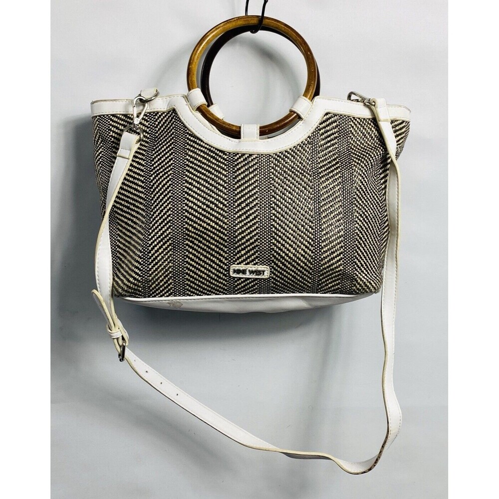 White and Brown Herringbone Tote Bag with Wooden Handles
